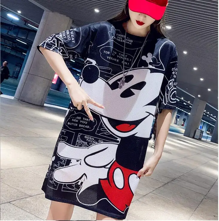 Летнее платье с принтом из мультфильмов женское 2019 коротким рукавом Микки