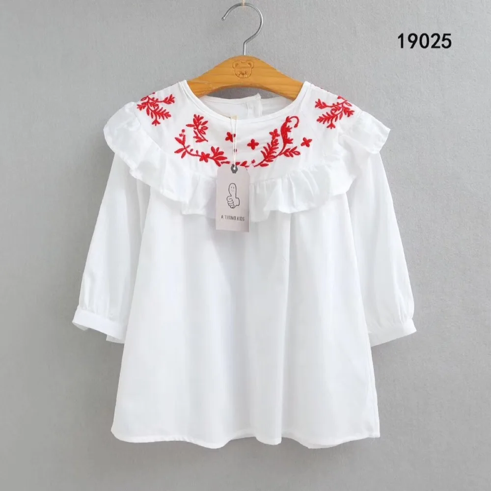 Cute Baby Kids Ruffles Neckline Leaves Embroidered Cotton Dress Summer Holiday Red Blue White Color Girls Blouse | Детская одежда и