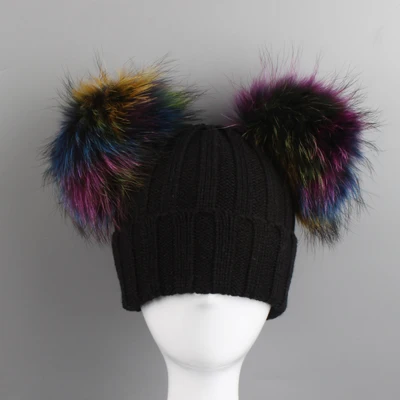 colors fur black cap Зимняя детская трикотажная шапка с два меховых помпона для мальчиков и девочек, с натуральным мехом для детей, куртка для девочек, Шапка-бини Кепки двойной зимняя шапка из натурального меха с помпоном для детей - Цвет: colors fur black cap