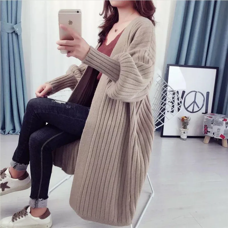 Free Size Women Autumn Long Sweater Cardigans Winter Thick Warm Solid Knitting Cardigans Puff Sleeve Slim Vestido - Цвет: Хаки