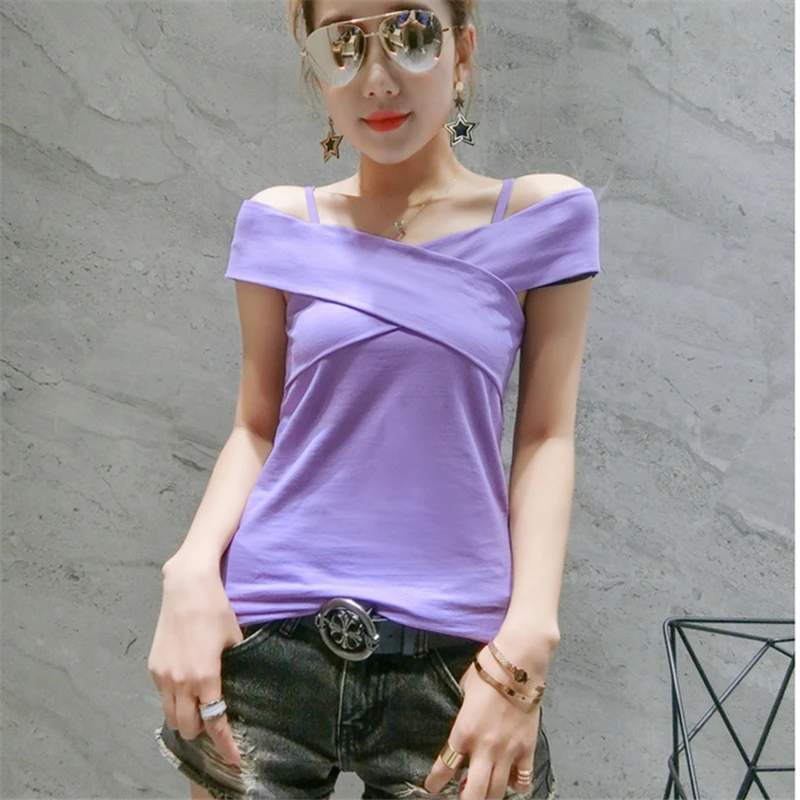 

2019 Summer New Fashion Sexy Strapless T-Shirt Female Word Collar Short-Sleeved Cotton Slim T-Shirt Top Tide H00163