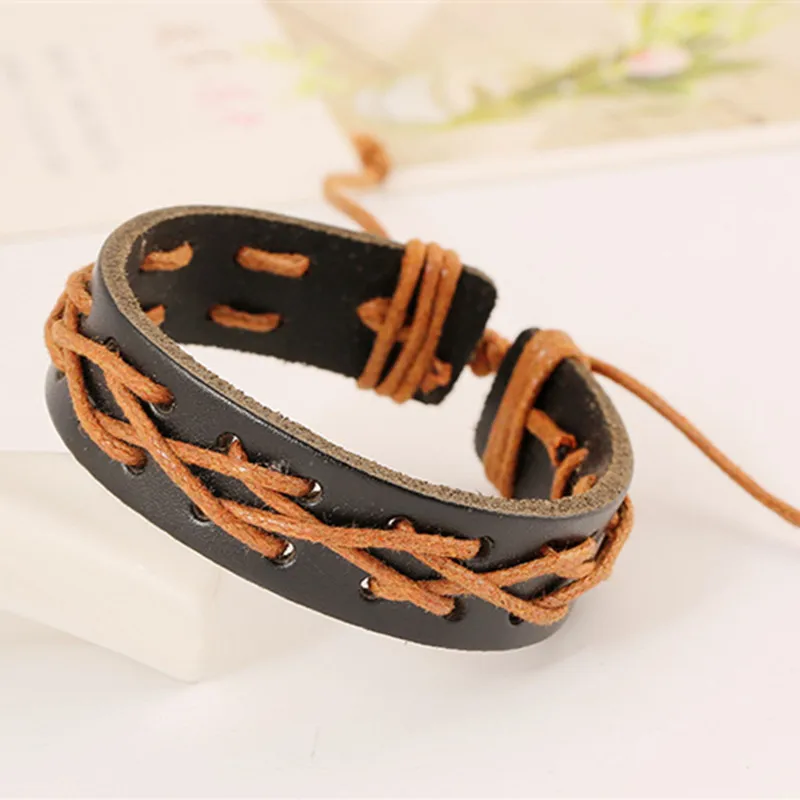 Новая Мода Ретро Ручной работы Плетеный Браун Кожаный Браслет Для Женщины