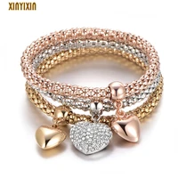 3pcs crystal love heart charms bracelet for women mix gold popcorn elastic chain bracelets party wedding jewelry drop shipping