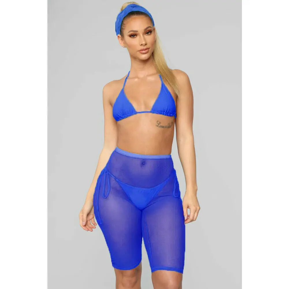 Blue Shorts Женские пляжные сетчатые прозрачные эластичные Купальники с высокой талией для активного спорта, танцев, велоспорта, короткое бикини, закрывающие шорты - Цвет: Blue Shorts