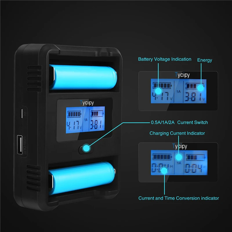 Tycipy зарядное устройство 2 слота Smart LCD USB для литий ионных аккумуляторов 1 В Ni MH/Ni CD