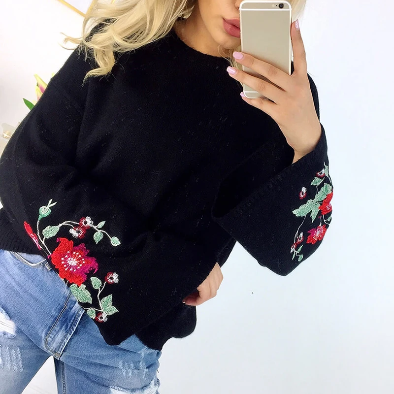 

Fashion Women Knitted Sweater Autumn Winter O Neck Flare Sleeve Flowers Embroidery Ladies Casual Loose Pullovers Sweater 6Q1712