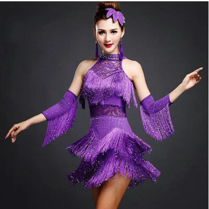 Purple Новинка, платье для латинских танцев для женщин/девочек/леди, Новая Сексуальная бахрома для сальсы/бальных/Танго/ча-ча/румбы/самбы/латинских платьев для танцев - Цвет: Purple