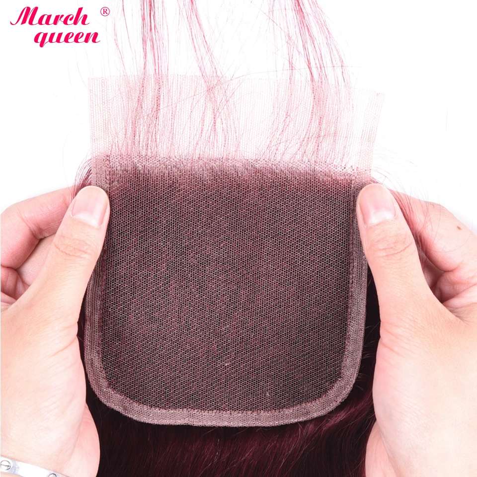 

Marchqueen #99J Brazilian Straight Closure Human Hair With Bundles Red Wine Color Hair Weave with 4x4 Lace Closure 150% Non-Remy