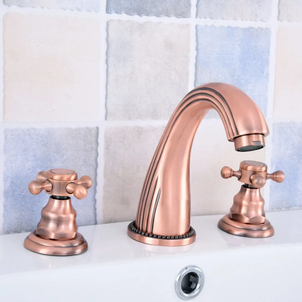 

Antique Red Copper Brass Deck Mounted Widespread Bathroom Basin Faucet Sink 3 Holes Mixer Tap Dual Cross Handles Levers arg079