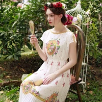 lynettes chinoiserie summer original design women high quality floral print polka dot accordion pleated vintage chiffon dress