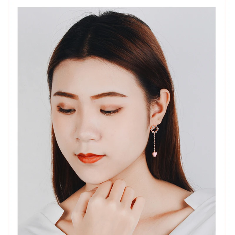 

MEYRROYU 925 Sterling Silver Lovely Sweet Asymmetric Heart Earrings Zircon Long Tassel Women's Party Jewelry Stud Earrings