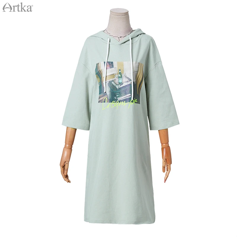 ARTKA весна/женская летняя футболка популярные повседневные длинные футболки с принтом свободная футболка с капюшоном и рукавом три четверти TA10498C