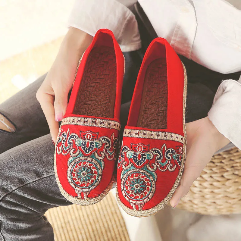 2019 Лен плетеная солома Для женщин туфли из дышащего материала с вышивкой ручной