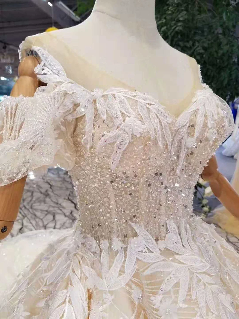 LSS290 light champagne wedding gowns with long train off the shoulder sweetheart dresses ball gown from real factory | Свадьбы и
