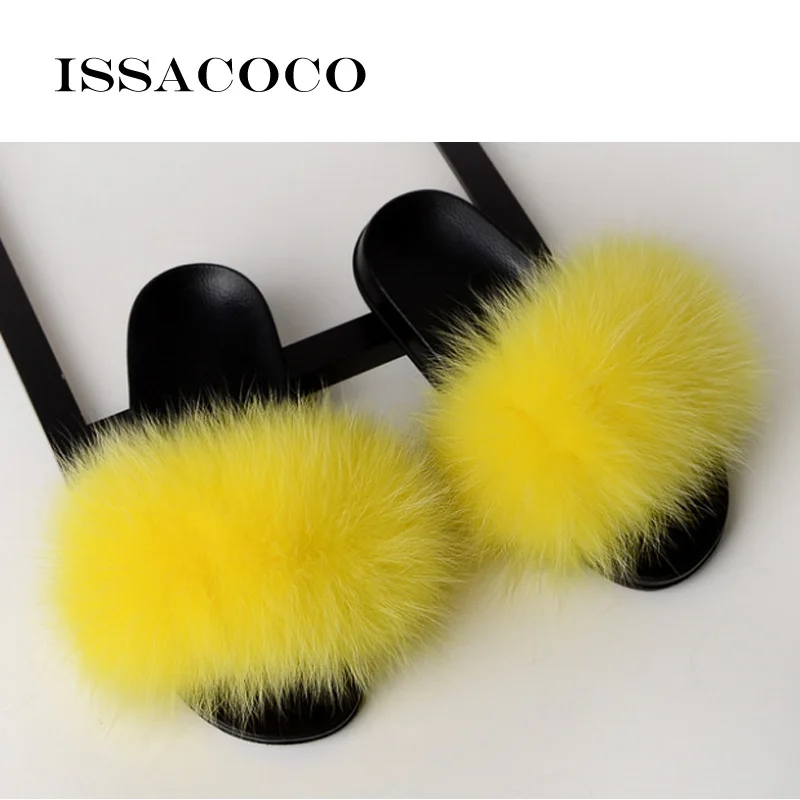 Yellow ISSACOCO/женские пушистые тапочки; женские милые плюшевые пушистые тапочки с лисьим мехом; женские меховые тапочки; зимние теплые тапочки для женщин - Color: Yellow