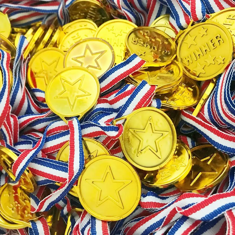 50pcsset children gold plastic winners medals sports day party bag prize awards toys for kids party fun supplies high quality free global shipping
