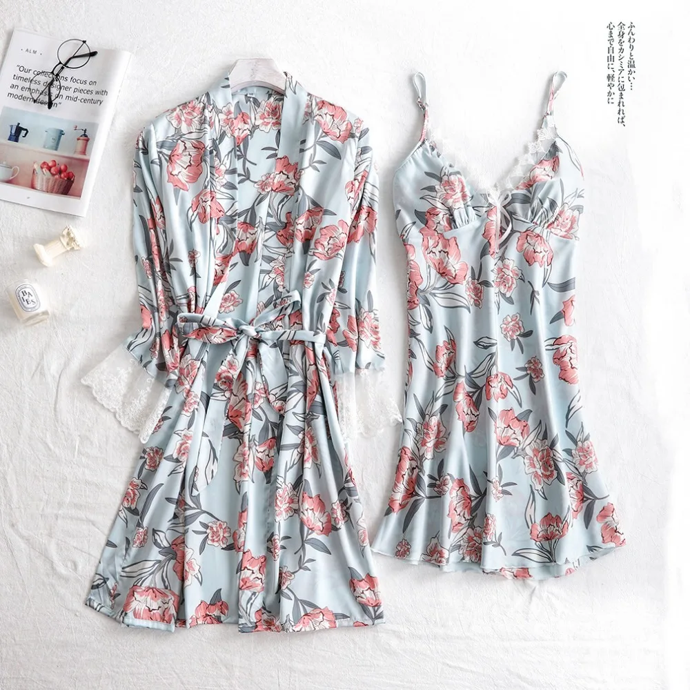 

Brand New Silk Satin Women Robe & Gown Sets 2019 Summer 2 Pcs Sleep Dress+Robe Sleepwear Sexy Night Gown Nightdress Home Wear