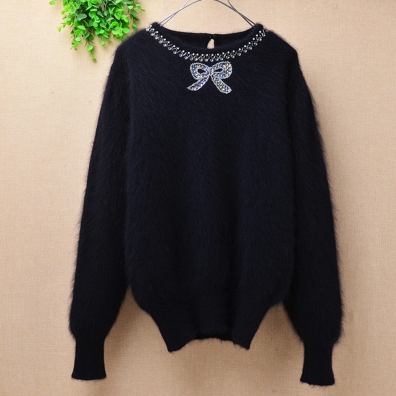 Elegant autumn winter bowknot angora rabbit wool bead Diamond o-neck loose long sleeves mink fur pullover sweater blouses women | Женская