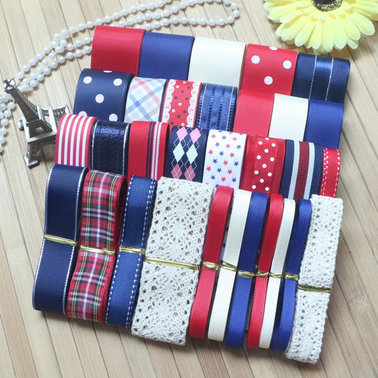 

37 ярдов/набор ---- «сделай сам», материал банта для волос, красный/синий/крем, набор корсажных лент