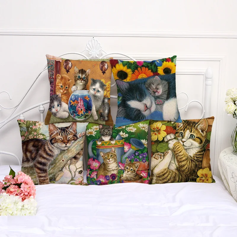 Декоративная Подушка Чехол с изображением цветов и котика живопись 17 5 дюймов