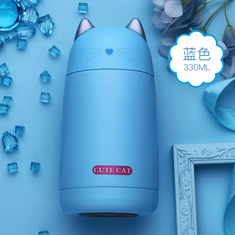 JOUDOO 330 мл термос чашка мультфильм кошка Термокружка бутылка для питьевой воды нержавеющая сталь вакуумная колба герметичный стакан 35 - Цвет: Синий