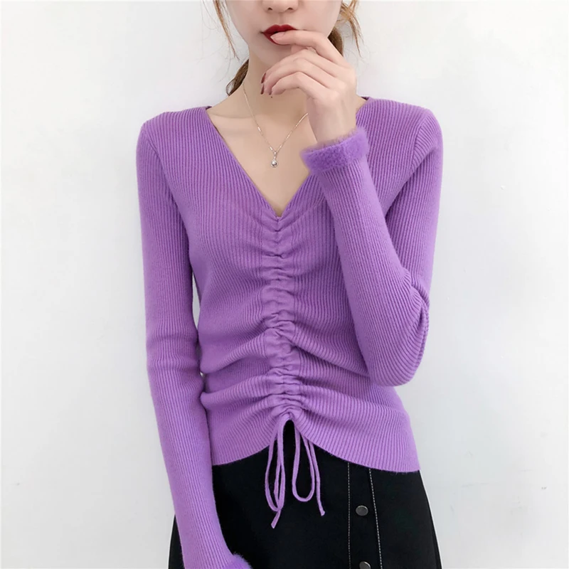 2018 Fall Fashion Sweater Women Korean Solid V-Neck Drawstring Knitted Casual Long Sleeve Pullover Tops Womens Clothes | Женская одежда