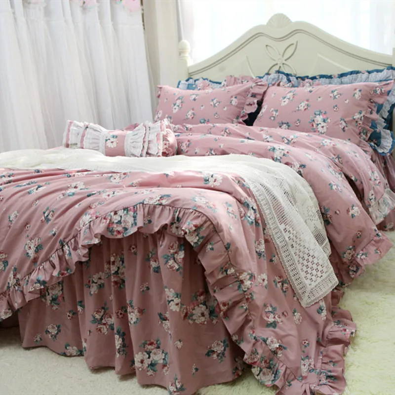 Hot Garden flower ruffle bedding set princess quality cotton bed handmade wrinkle king duvet cover | Дом и сад