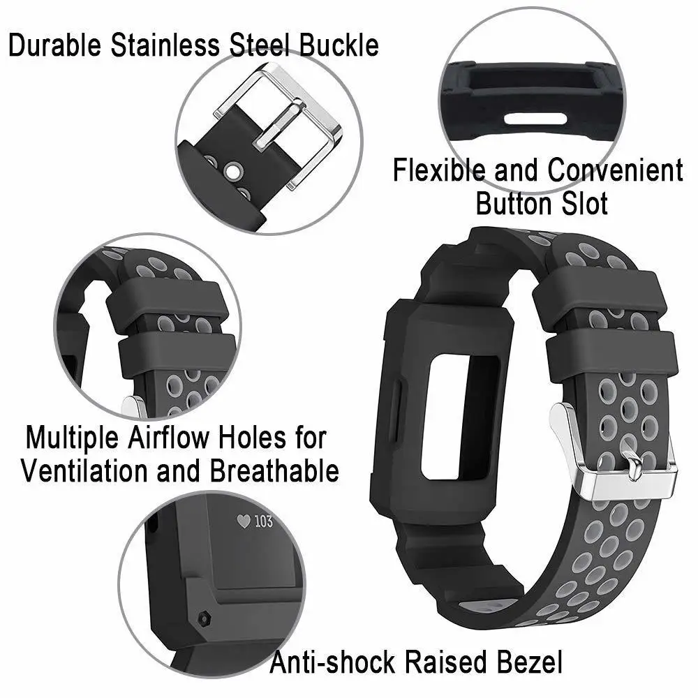 Duszake Band для Fitbit Charge 3 с чехлом силиконовые дышащие полосы с противоударной защитной рамкой бампера