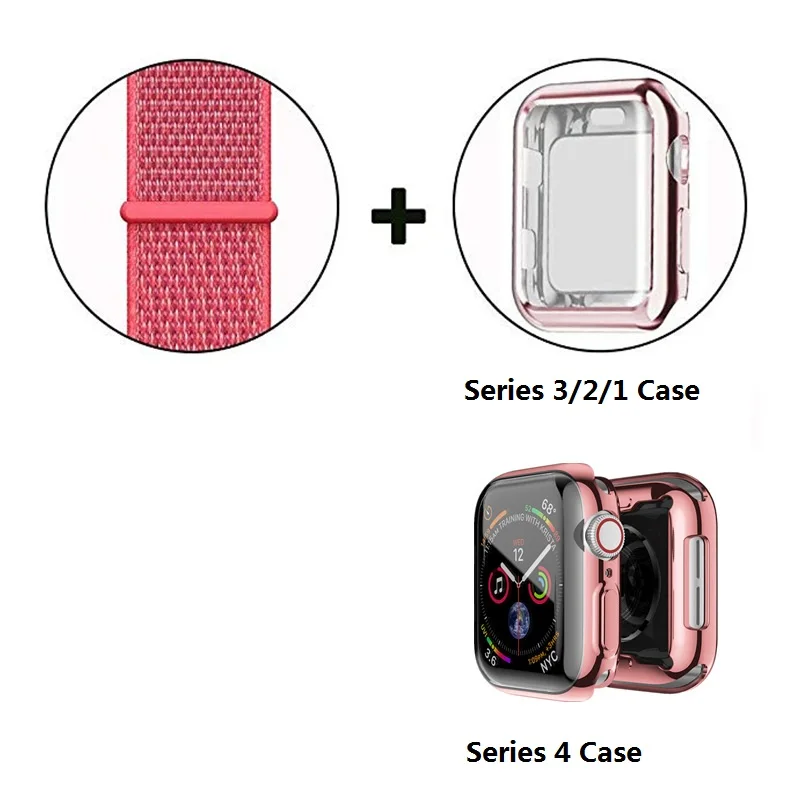 ASHEI из мягкого нейлона и шифона со вставками в полоску, ремешок+ чехол для Apple Watch 4 полоса 40 мм 44 мм с покрытием из ТПУ Защитный чехол ремешок для наручных часов Apple Watch 42 мм, 38 мм