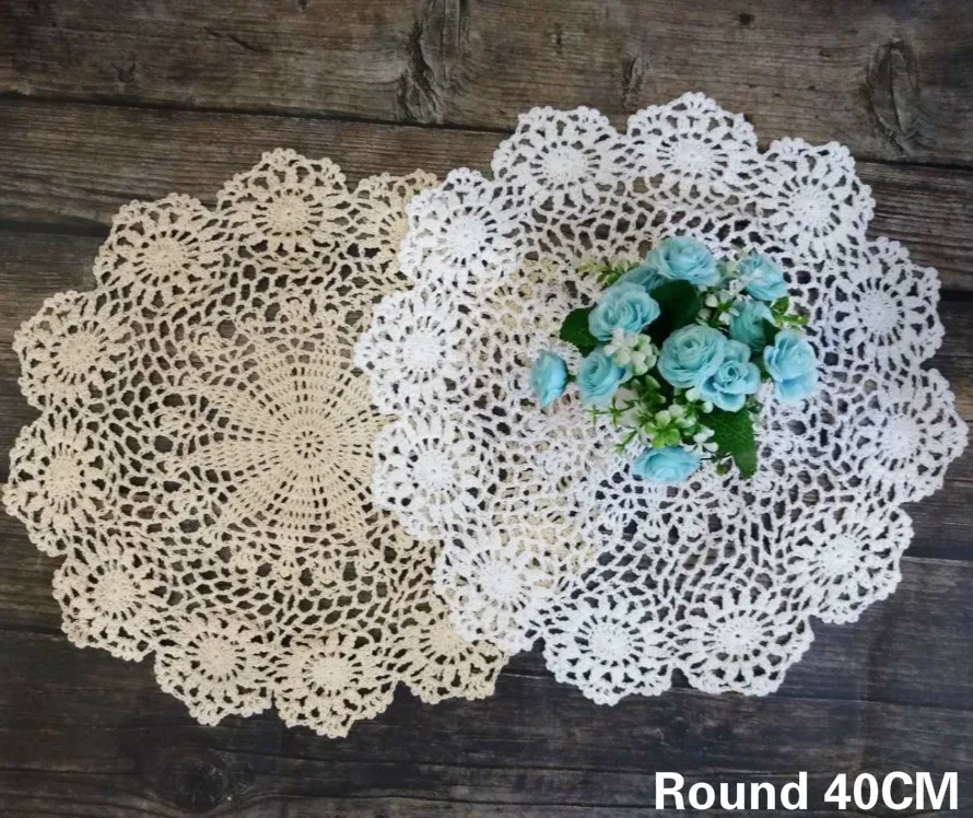 

40CM Round Delicate Handmade Crochet Flowers Placemat Coaster Coffee Tea Table Cloth Mat Wedding Doily Christmas Banquet Decor