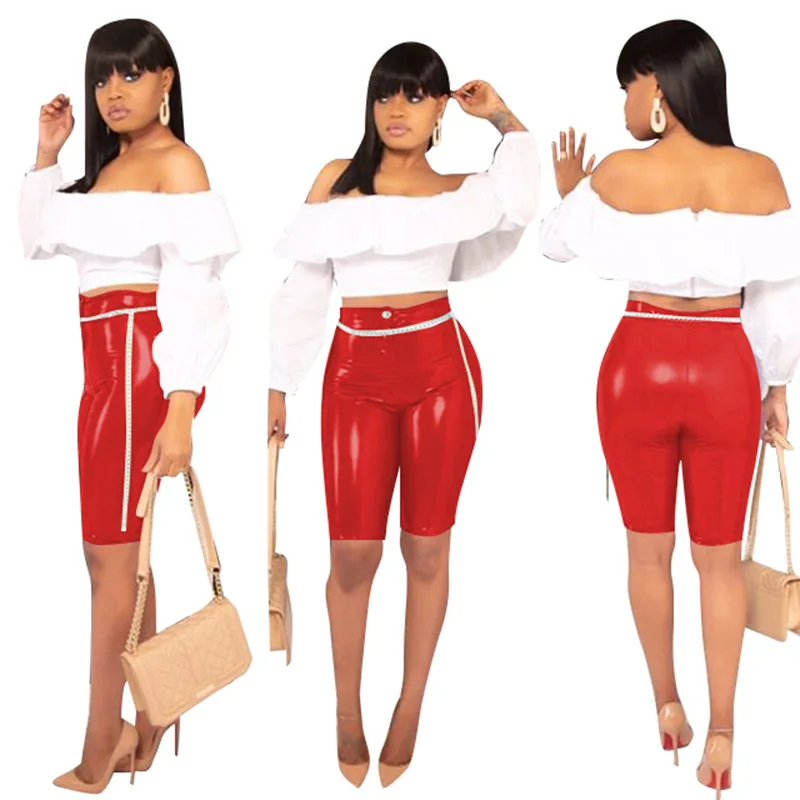 Pantalon Femme, Стрейчевые штаны из искусственной кожи, женские штаны с высокой талией, на молнии, до колена, однотонные штаны, Капри