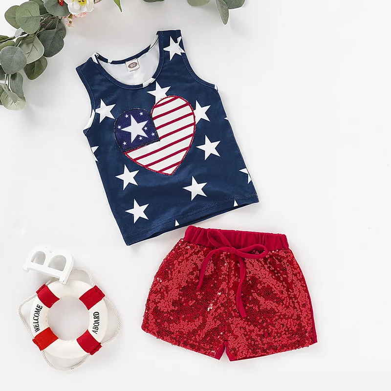 Baby Clothing Set Fourth Of July 2 Piece Outfit Stars Print Vest And Red Sequin Pant | Детская одежда и обувь