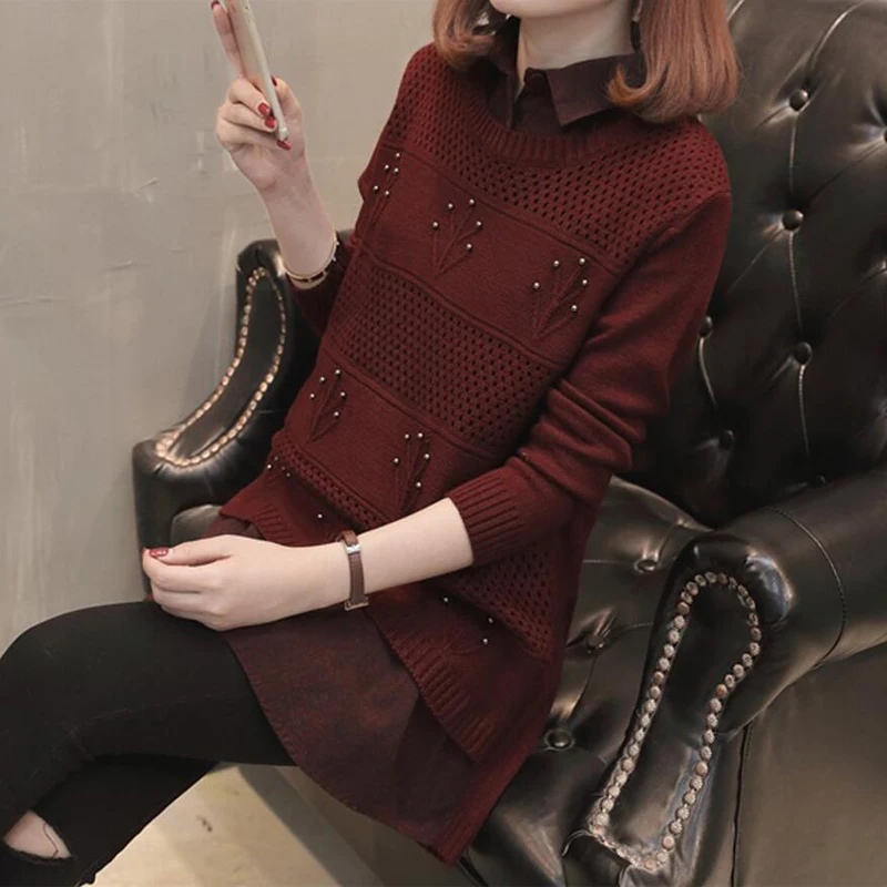 2018 Autumn New Loose Women Pullover Sweater Long Section Fake Two Shirt Collar Knitwear Jacket LY1108 | Женская одежда