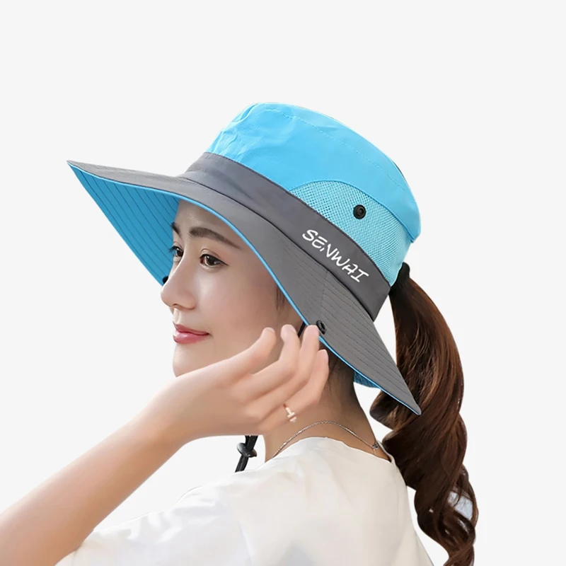 Sky Blue Outdoor Hiking Wide Brim Bucket Hat Women Quick Drying Breathable Packable Sunshade UV-proof Ponytail Cap With Chain Strap - Цвет: Sky Blue
