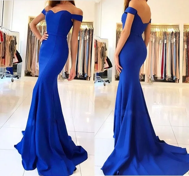 

2019 Royal Blue Simple Elegant Evening Prom Gowns Party Dress Off Shoulder Vestido de Festa Elegant Vintage robe longue