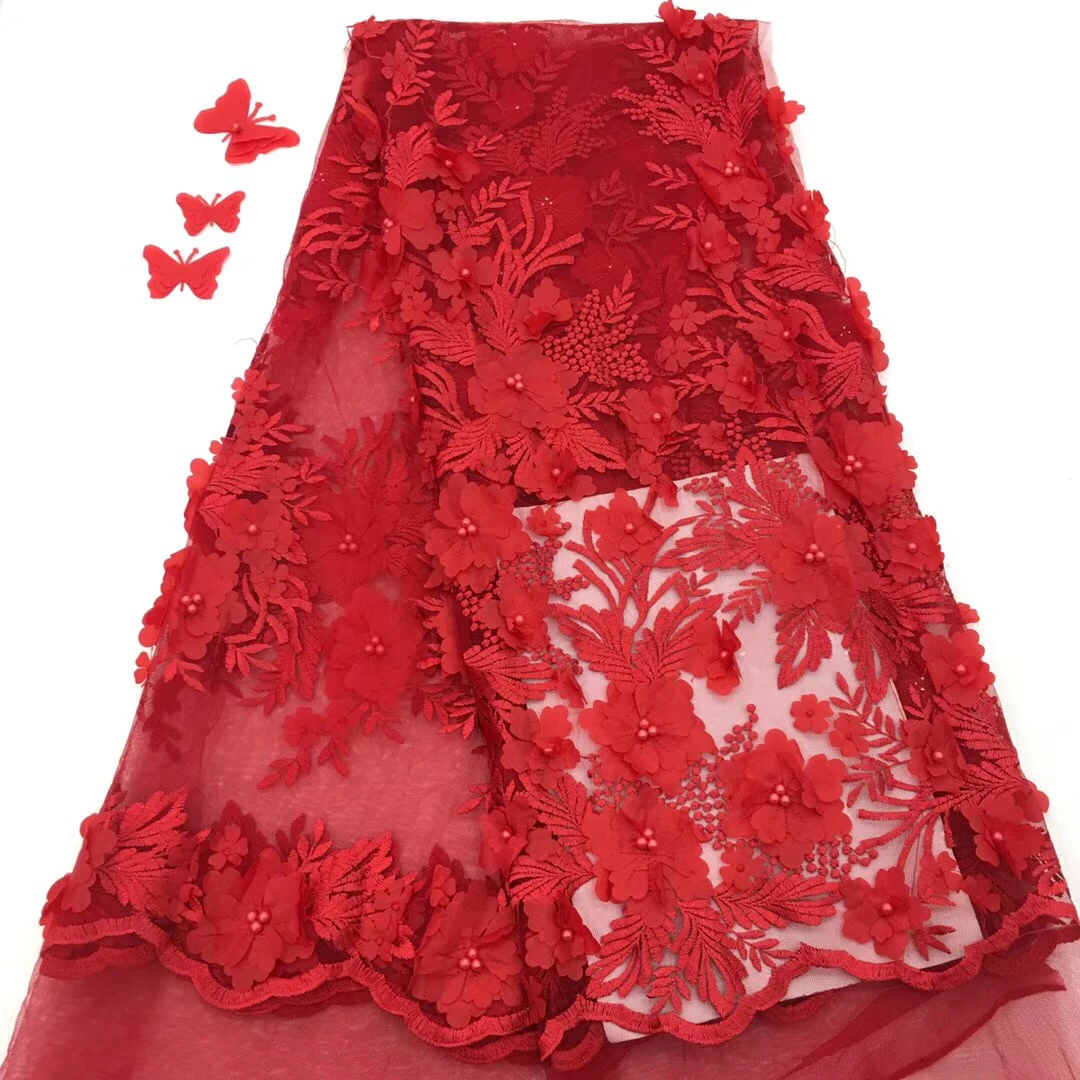 

2018 High Quality French Lace African 3D Flower Lace Fabric Latest Nigerian Mesh Lace with Beads For Wedding Dress R114