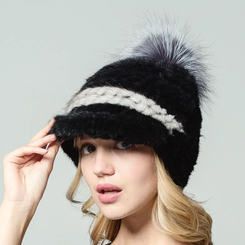 Женские зимние шапки из натурального меха норки вязаные меховые с помпоном на