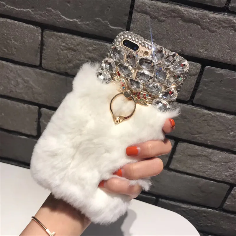 LaMaDiaa роскошный Теплый мягкий меховой чехол для телефона для iPhone 11 Pro Max XR 6 6s Bling Diamond чехол-держатель с кольцом для iPhone 6 6s 7 8 Plus - Цвет: white fur