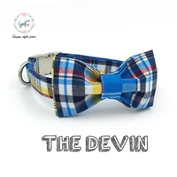 dog or cat collar and leash set with bow tie cotton dog cat pet necklace adjustable buckle for pet christmas gift blue plaid