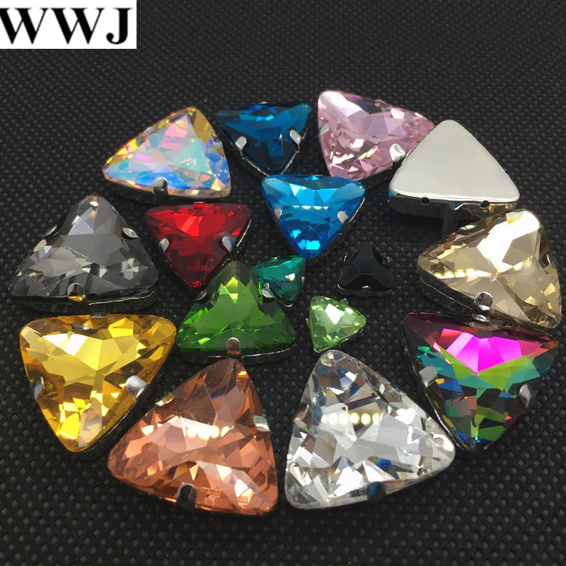 

Sew On 18mm 23mm Triangle Glass Crystal Fancy Stone with claw setting Crystal AB,Fushcia More Colors