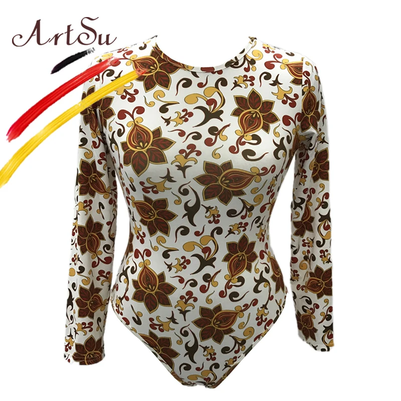 ArtSu винтажный цветочный женский боди комбинезон 2017 Осень Зима длинный рукав