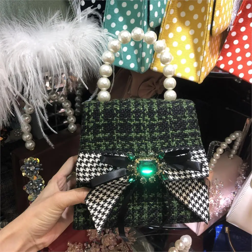 bow green Женская Стеганая Сумочка, винтажная, с жемчужной ручкой, с клапаном, вечерняя сумка, шерсть, мех ламд, женские сумки на плечо, повседневная женская сумка через плечо - Цвет: bow green