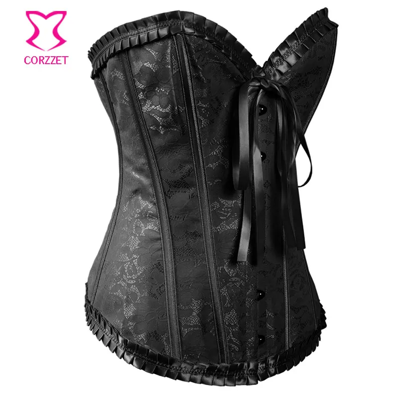 Женский корсет с плиссированной отделкой и бантом черный готический сексуальный