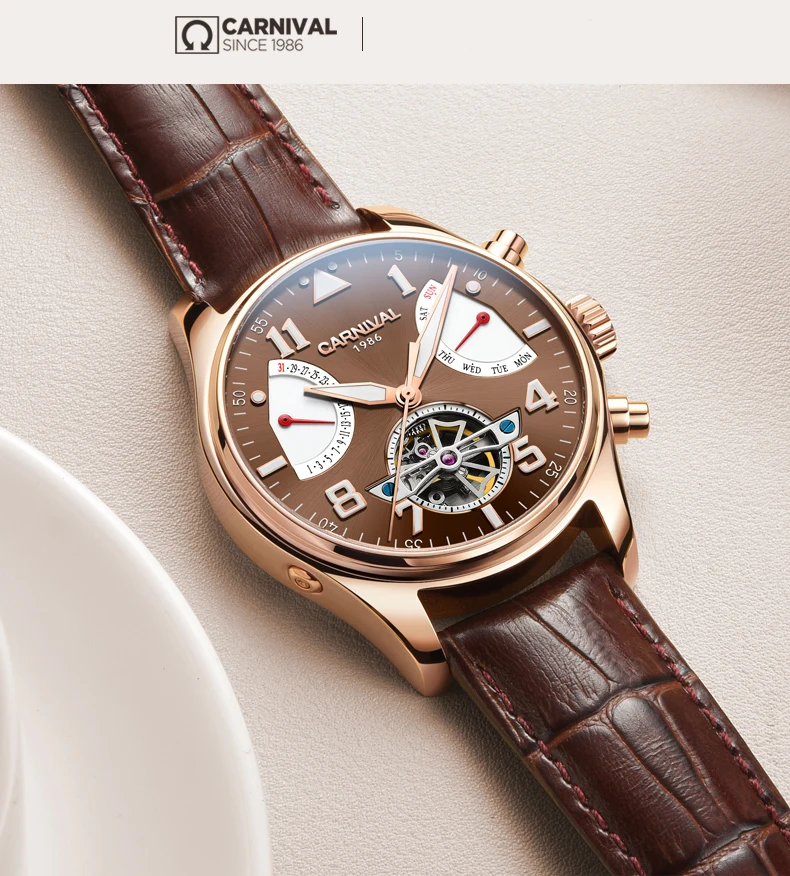 Световой Дайвинг Часы Carnival Skeleton Tourbillon Механические Часы Автоматическая Мужчины Кожа Механические Наручные Часы Reloj