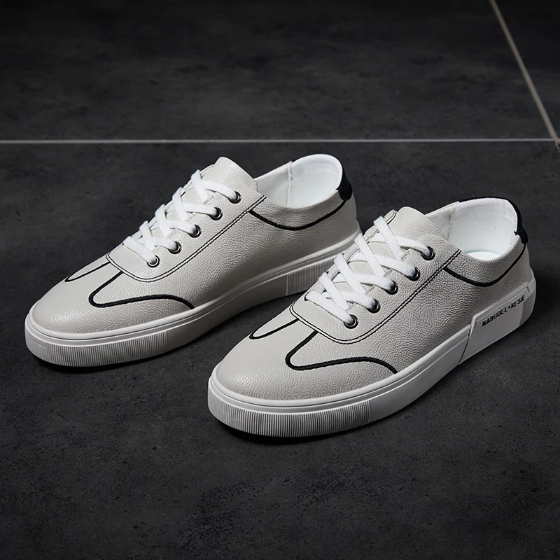 Skate Shoes for Male Black White Man Casual Autumn Winter Footwear Adult PU Leather Rubber Sole Classic | Обувь