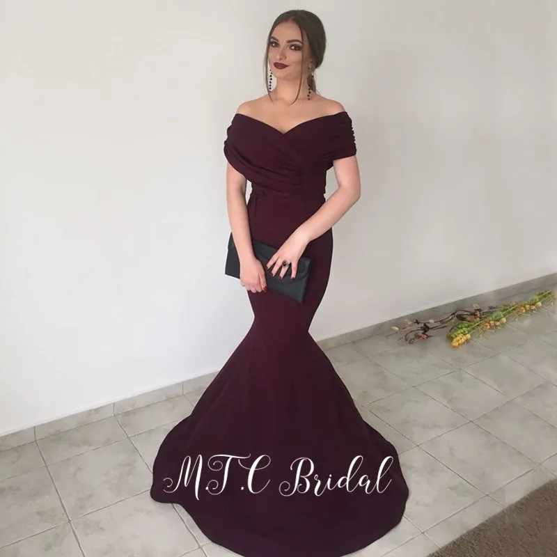 

Elegant Mermaid Arabic Evening Dress 2019 Off The Shoulder Elastic Satin Floor Length Long Party Gowns Vestido De Festa Cheap