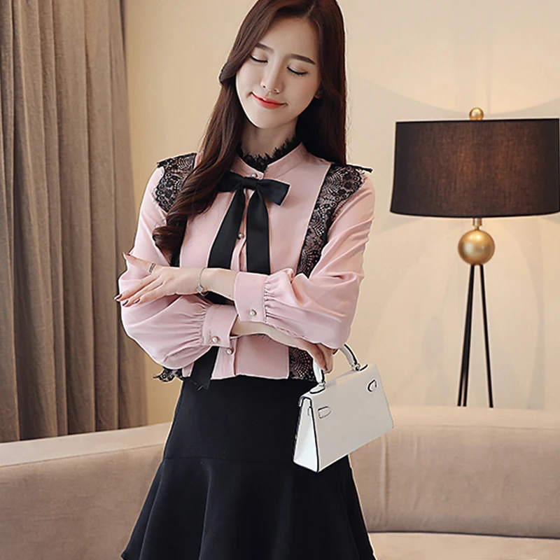 Elegant Chiffon Tops And Blouses 2018 Autumn Blouse Women Long Sleeve Stand Collar Patchwork Lace Pink Ladies With Bow Tie |
