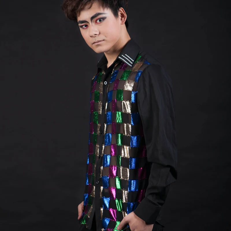 Мужская рубашка с длинным рукавом цветная приталенная для выступлений ночного
