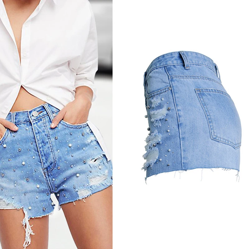 2019 летние джинсовые шорты для женщин уличная рваные потертые джинсы с бисером