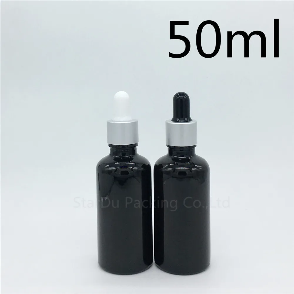 

10pcs/lot 50ml black glass essential oil bottle with Sub Silver aluminum ring dropper, 50cc glass perfume bottles